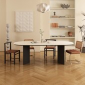 中古风洞石岩板餐桌椭圆形客厅实木餐桌复古法式 奶油风家用饭桌