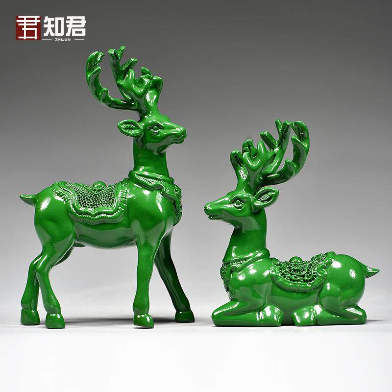 绿色木雕梅花鹿摆件家居客厅实木麋鹿一对工艺品桌面摆设酒柜装饰