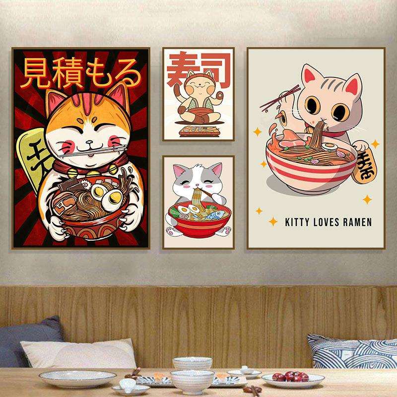日式拉面店装饰画料理店餐厅寿司店居酒屋墙面挂画面馆招财猫壁画