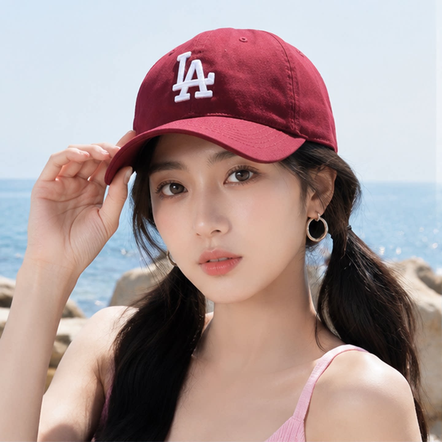 MLB官方正品男女棒球帽夏季新款LA大标遮阳帽运动帽酒红色鸭舌帽图片