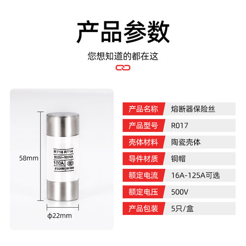 22X58陶瓷保险丝管熔断器RO17 RT19熔断丝R017  63  100 125A