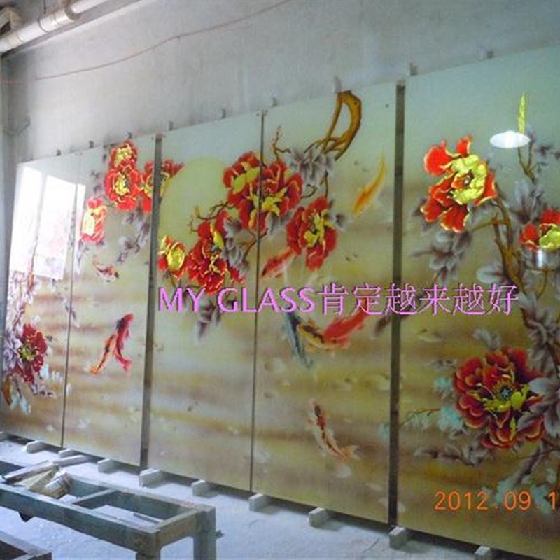 定做艺术玻璃客厅隔断玄关屏风电视背景沙发墙雕刻工艺  富贵牡丹
