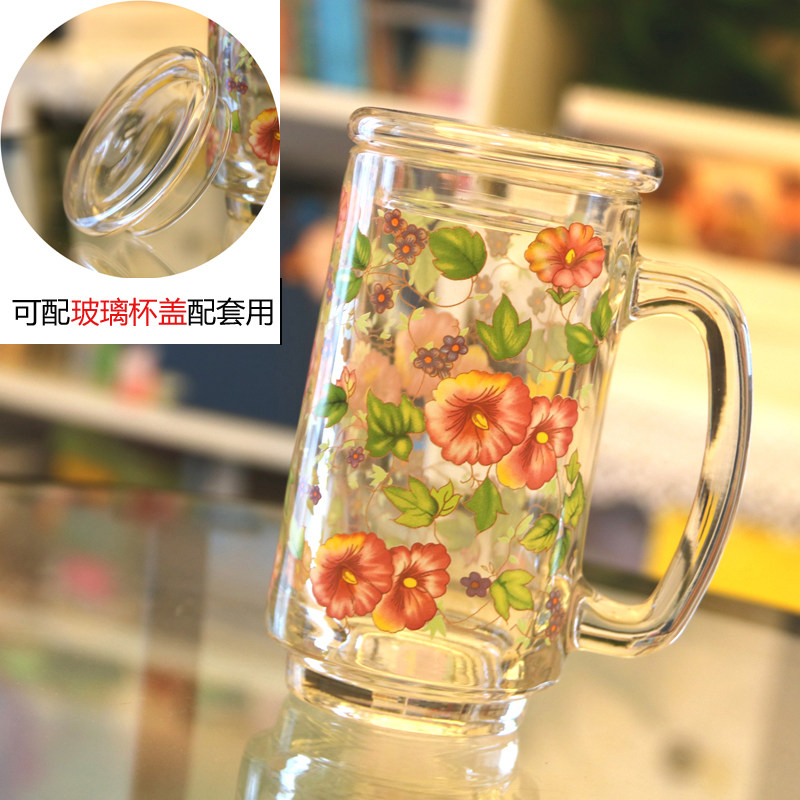 韩国花色高档玻璃印花水杯茶杯加厚无铅玻璃耐高温带柄啤酒杯奶杯