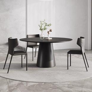 意式极简岩板圆形餐桌带内嵌转盘黑色圆桌现代简约家用餐桌椅组合