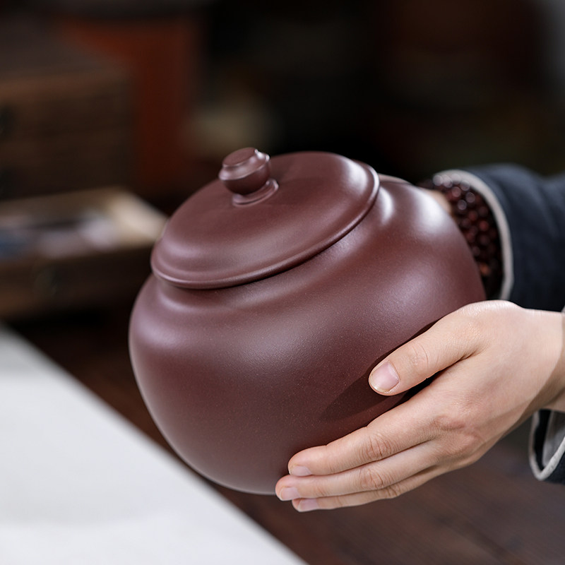 紫砂茶叶罐宜兴原矿老紫泥普洱醒茶罐散茶储存罐大号密封罐一斤装