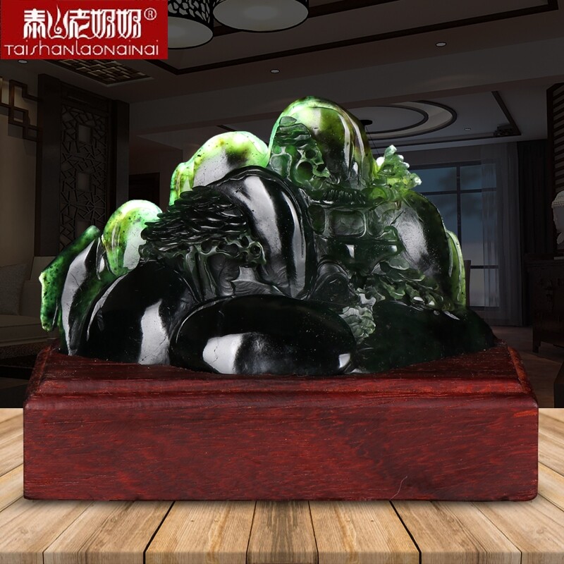 泰山玉摆件礼然装玉墨玉原石雕刻工艺品开业天品过门办公室碧饰品