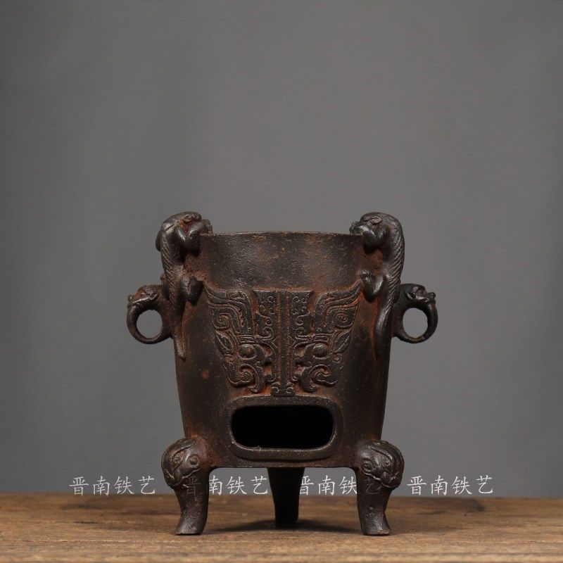 古董古玩铁器兽头炭火炉仿古铸铁煮茶炉中式古典会所家居收藏摆件