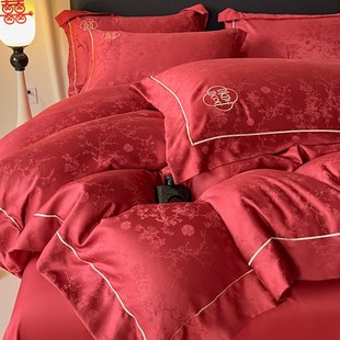 高档提花婚庆结婚床上四件套大红色全棉床单纯棉被套婚房陪嫁床品