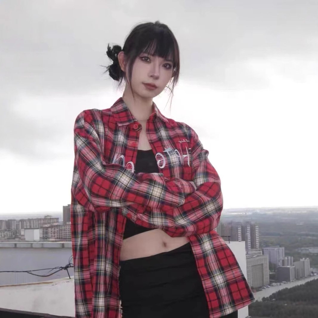 春夏红格子宽松美式高街衬衫外套