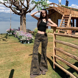 【春夏】新款低腰迷彩牛仔裤女宽松美式复古工装喇叭裤子