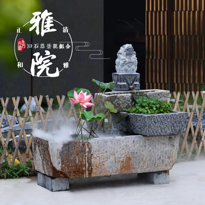青石牛槽鱼缸马槽流水老旧石槽水景大型招财摆件庭院水槽喷泉室外