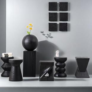 碳化木墩几何矮凳边几民宿摆件树墩创意小茶几新中式黑色原木角几