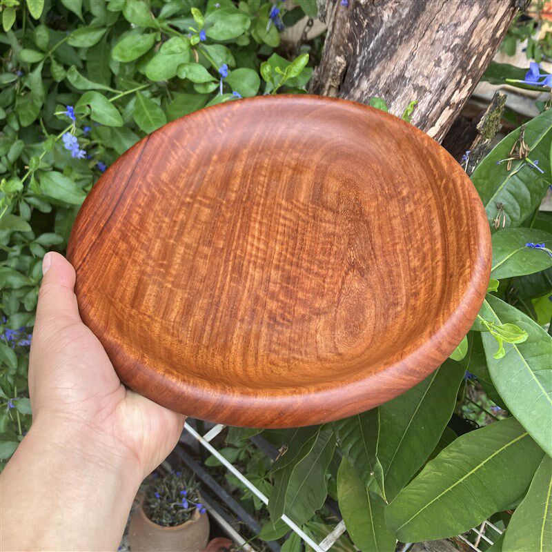 红木盘子摆件托盘缅甸花梨木整木雕果盘装饰品老料深色精美纹理