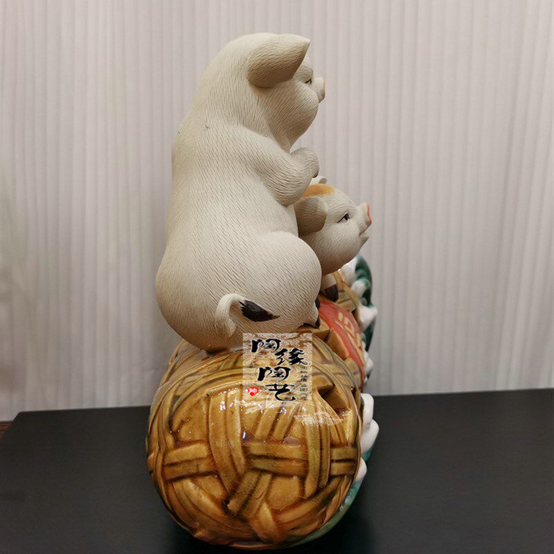 陶瓷工艺品 石湾公仔 金猪献福 生肖猪 猪笼入水