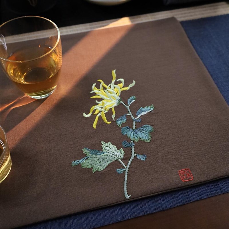 长寿菊刺绣茶垫水洗棉麻茶复干艺礼品席古茶布中式布泡茶道