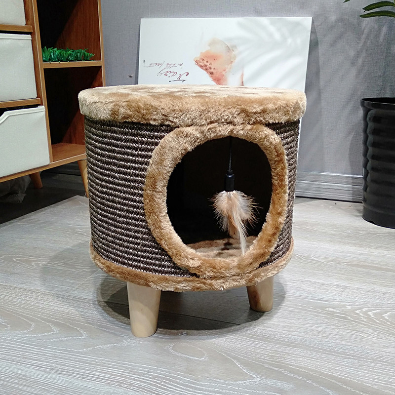 新方实木磨抓板凳子猫窝猫咪猫爪攀爬凳实木四角圆形款形可坐人凳