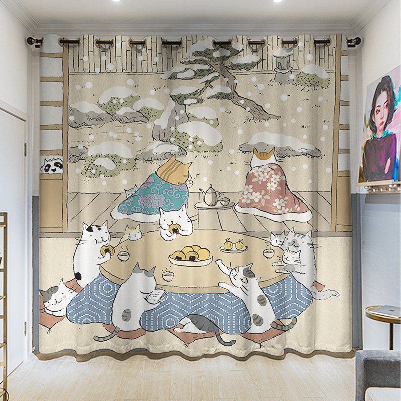 浮世绘猫咪卡通定制粗麻长帘插画个性卧室客厅挂钩遮光打孔窗帘布
