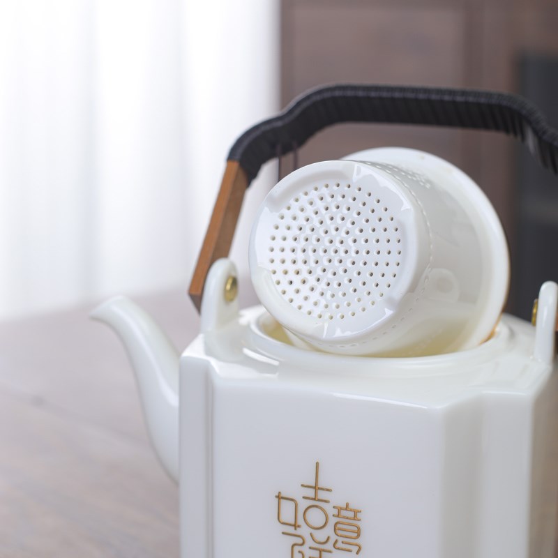 陶瓷过滤提梁壶单壶羊脂玉大容量带茶水分离网隔内胆家用泡茶壶