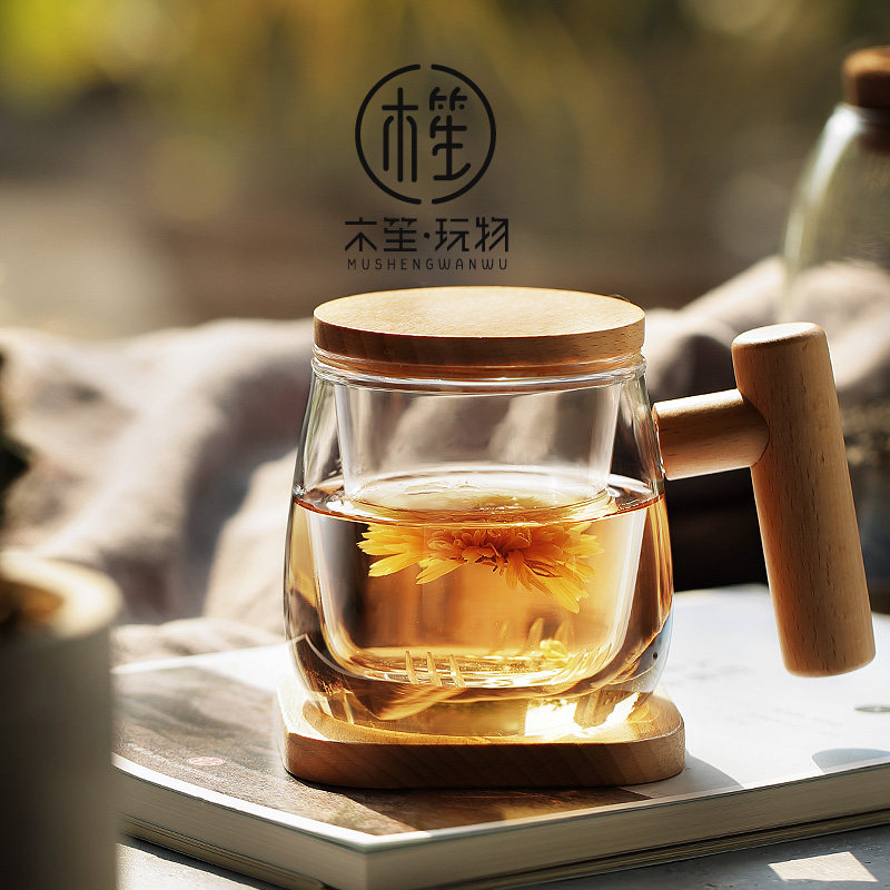 耐热玻璃杯办公室茶杯带把带盖过滤创意水杯子泡茶杯茶水分离家用