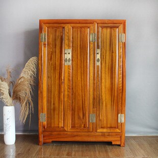 香樟木三门衣橱实木衣柜小户型收纳柜新中式挂衣橱1米2宽实木衣柜