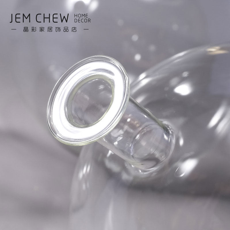 现代创意圆球小口大肚透明玻计花瓶璃金属铜盖软装设 水培插花器