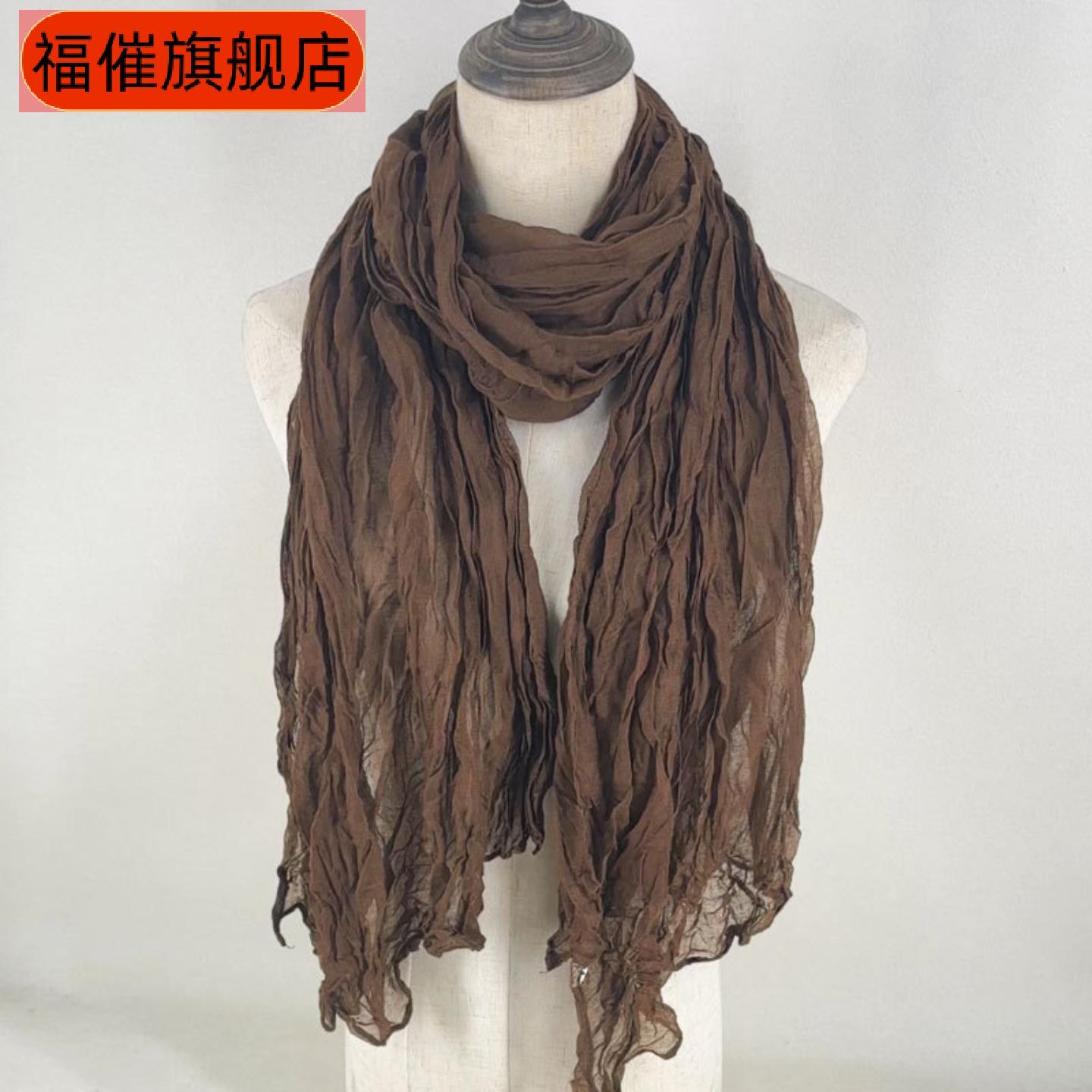出口热销纯色压皱棉麻围巾女文艺