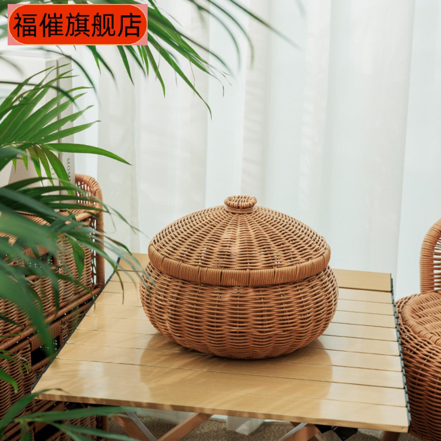 南瓜造型手工编织带盖收纳篮|
