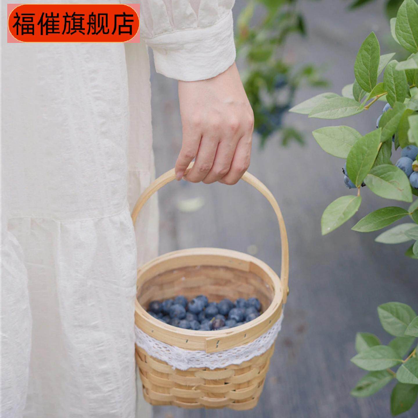 田园风手工编织鲜花手提竹篮插花