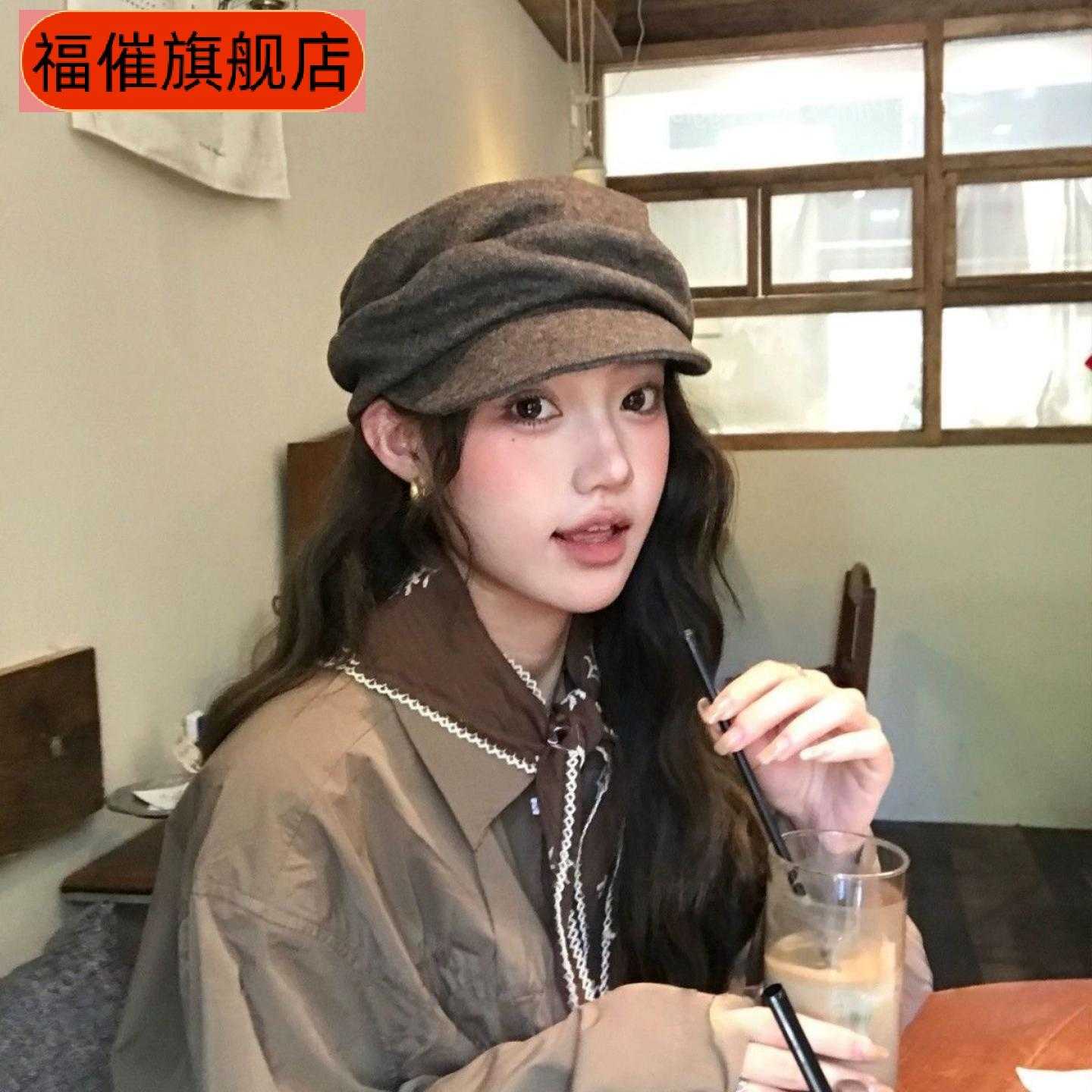 出口日本平顶褶皱山本风报童帽女