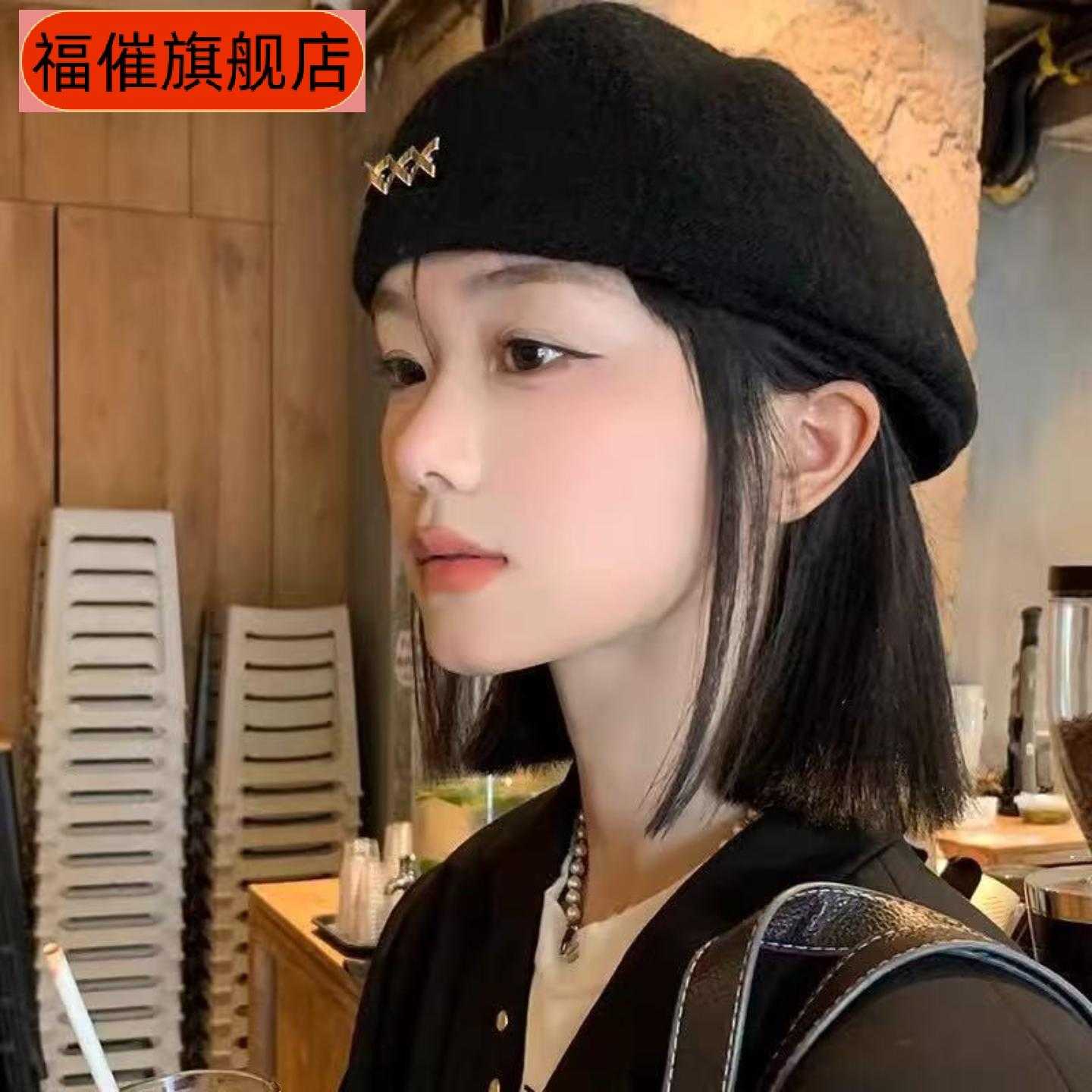 黑色贝雷帽女秋冬季韩系百搭毛呢保暖显脸小帽子大头围蓓蕾画帽