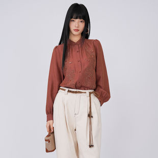 阅涵衬衫长袖2026春季立领复古风刺绣设计休闲衬衣上衣女装