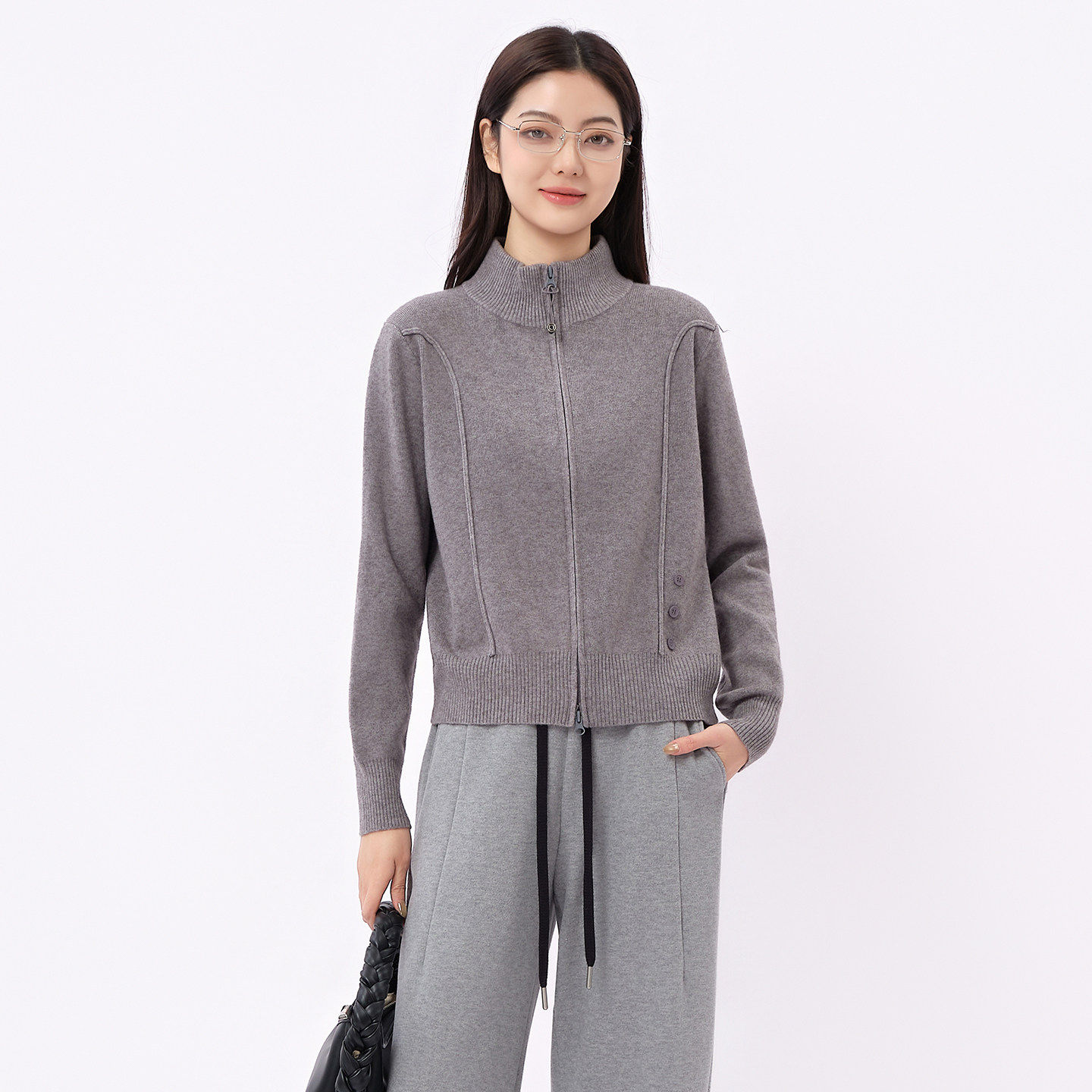 阅涵毛衣2026春季新款时尚立领双拉链针织开衫百搭简约外套装