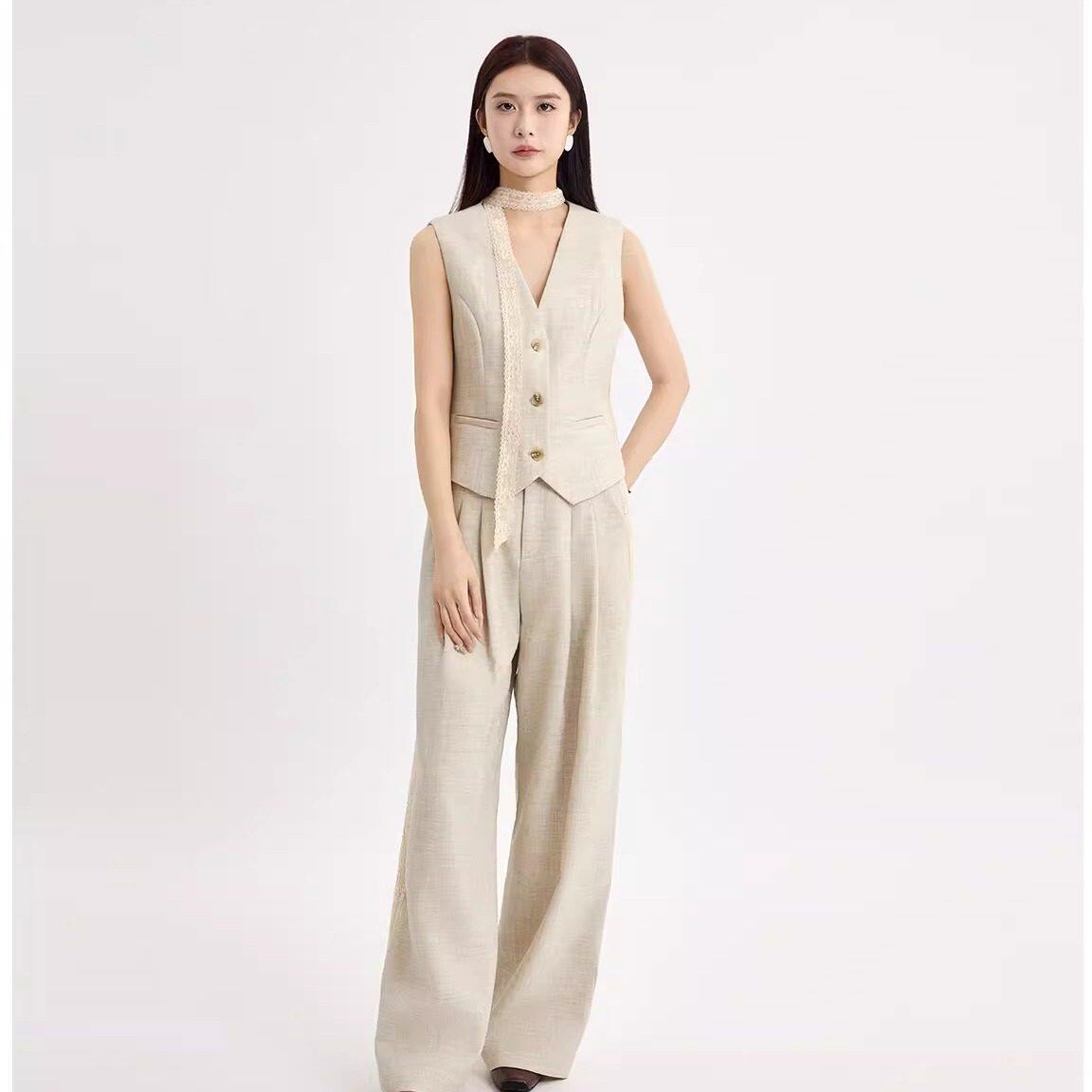 阅涵2026春季飘带无领西装马甲+拼接直筒裤套装休闲女装