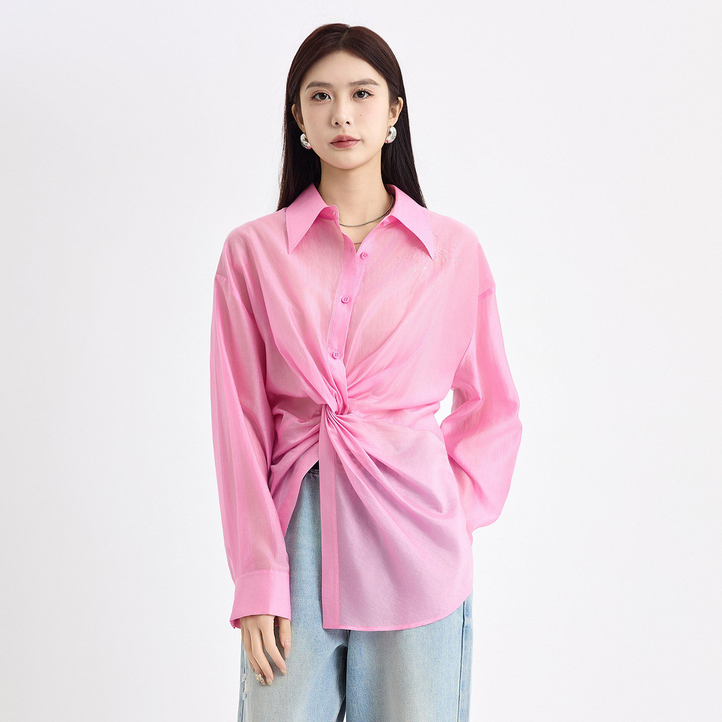 阅涵粉色衬衫2026早春新款时尚设计通勤衬衣长袖时髦百搭上衣
