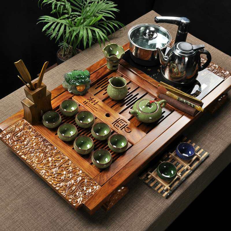 厂家 紫砂茶具套装四合一整套冰裂电磁炉实木花梨茶盘茶海茶台