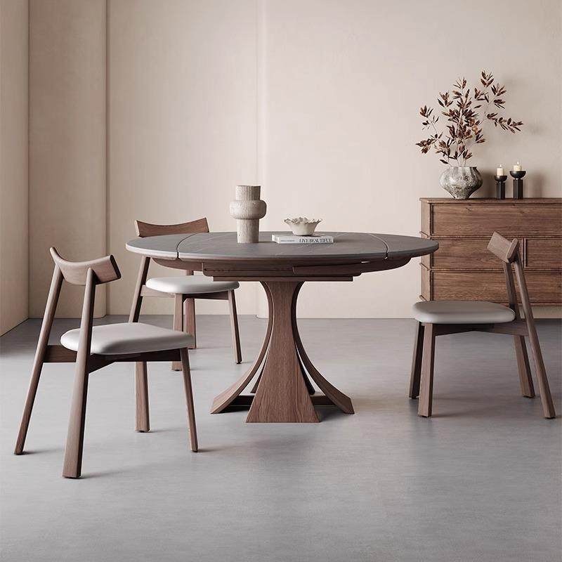 中古风实木折叠餐桌椅子2024新款网红家庭小户型岩板伸缩可变圆桌