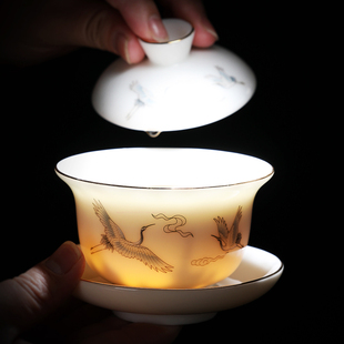 盖碗单个茶杯茶具高端薄胎描金羊脂玉大号泡茶陶瓷青花白瓷不烫手