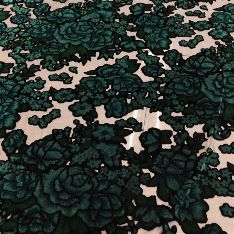 黑底立丝烂花绒花料烧花丝绒镂空墨绿花朵真体提面透视桑蚕丝布料