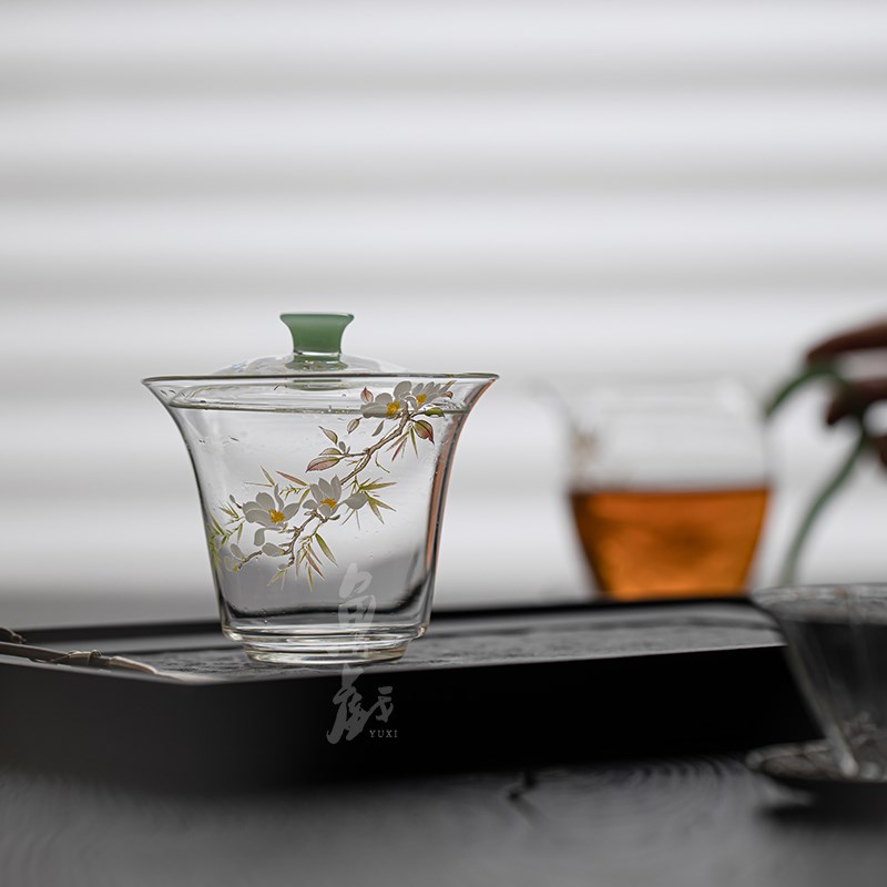 高硼硅耐热玻璃盖碗手工贴花单个家用不烫手绿茶泡茶碗手抓碗