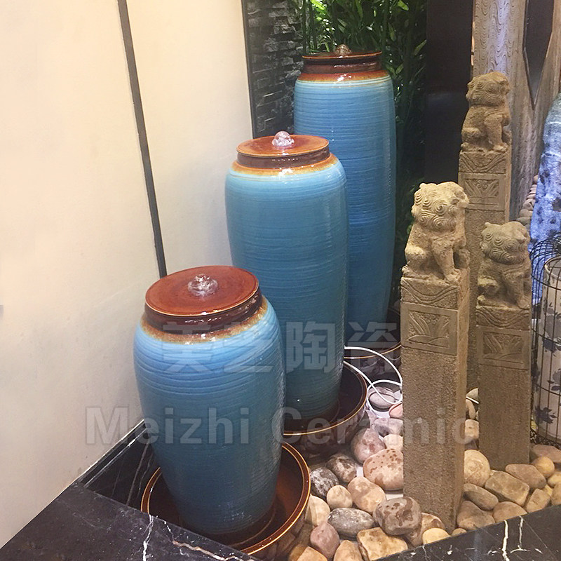 客厅中式陶瓷流水摆件涌水陶器水泉喷景坛子喷水花瓶加湿罐叠水缸