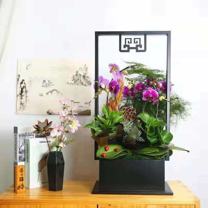 新中式方金色金属铁艺铁艺花盆架仿真植物蝴蝶兰银柳盆栽年宵花