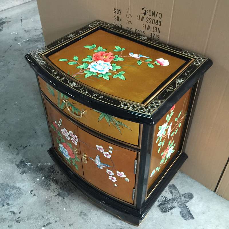 至高美床头柜亮光烤漆金箔彩绘家具一斗两门柜客厅储物柜花开富贵