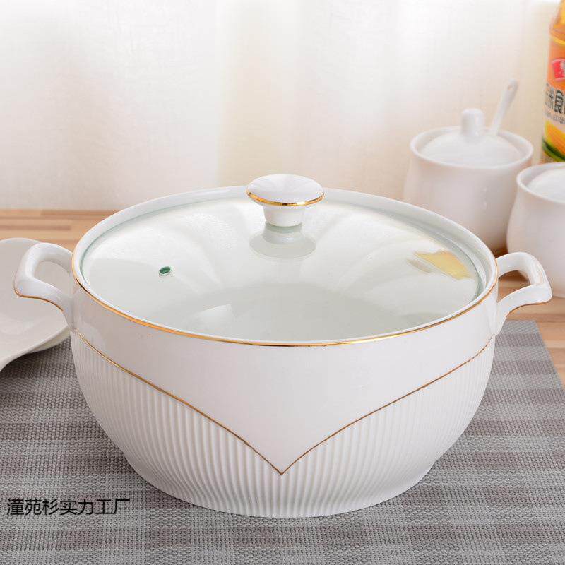 家用双耳带盖陶瓷汤窝创意炖盅纯白大号容量饭汤碗汤盆微波炉宝粒