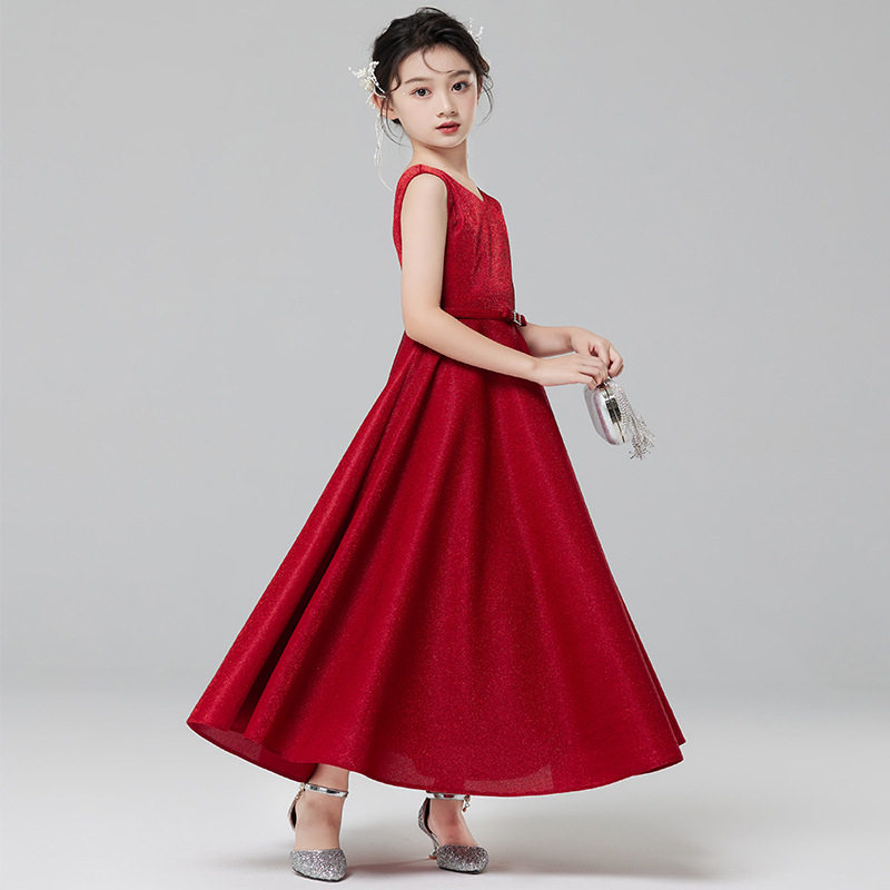 2026新款女童晚礼服红色花童婚礼高端公主裙秋季儿童主持钢