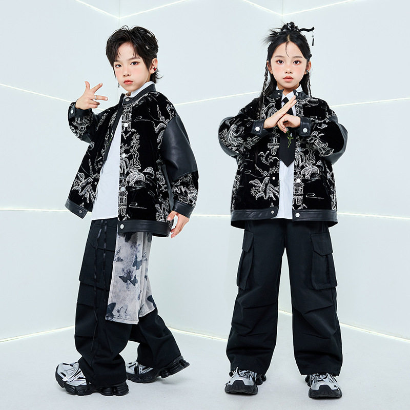 2026新款儿童街舞演出服爵士舞套装中国风皮衣男童潮服少儿hip