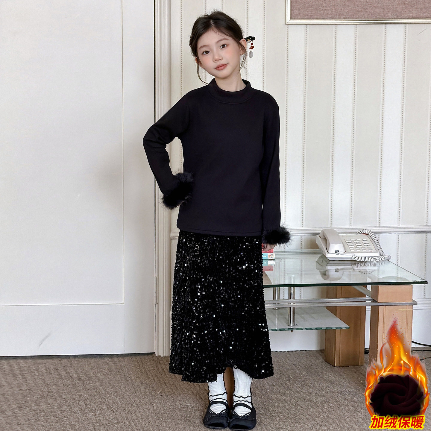 2026新款女童冬款拜年服三件套女孩冬季马甲打底衫加绒半身裙