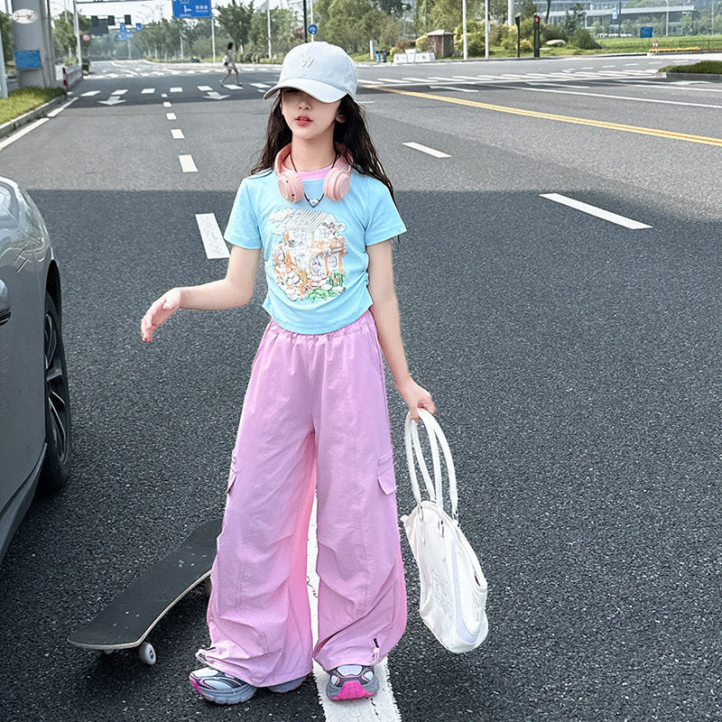 2026新款女童夏季套装中大童甜酷洋气短袖多巴胺速干工装裤两件套