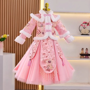 2025新款汉服女童冬季裙子套装儿童加绒加厚连衣裙秋冬款公主