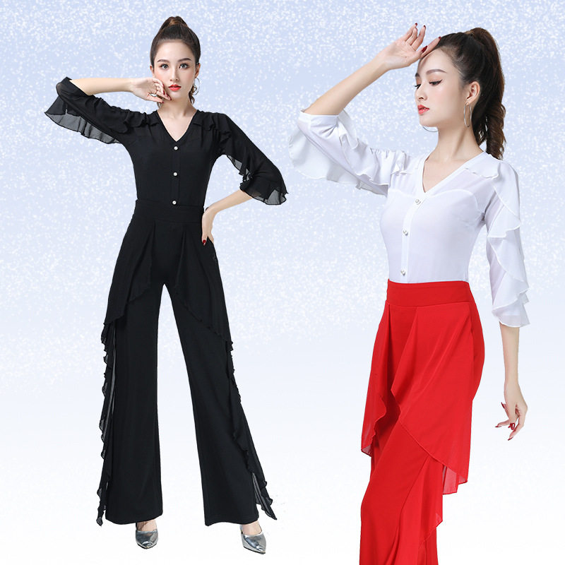 2026新款广场舞摩登舞上衣女黑色荷叶七分袖衣飘逸舞拉丁舞服吉特