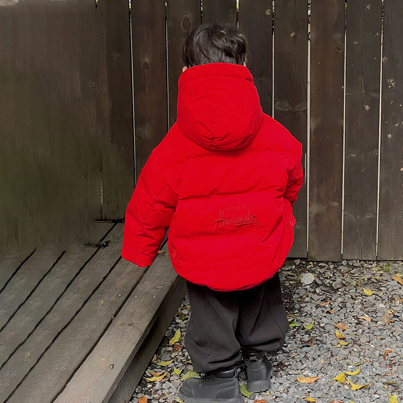 2025新款男童羽绒服新年冬装洋气中大童秋冬款红色冬季儿童喜